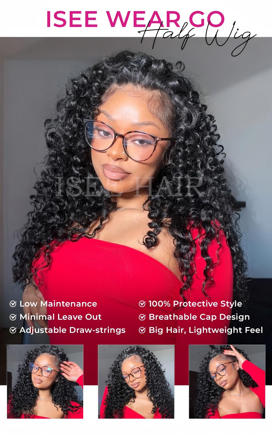 ISEE Half Wig Human Hair Water Wave Human Hair Glueless Wigs Seamless Clip Ins Flip Over Wear Go Wig Invisible Hairline Beginner Friendly 24 Inch