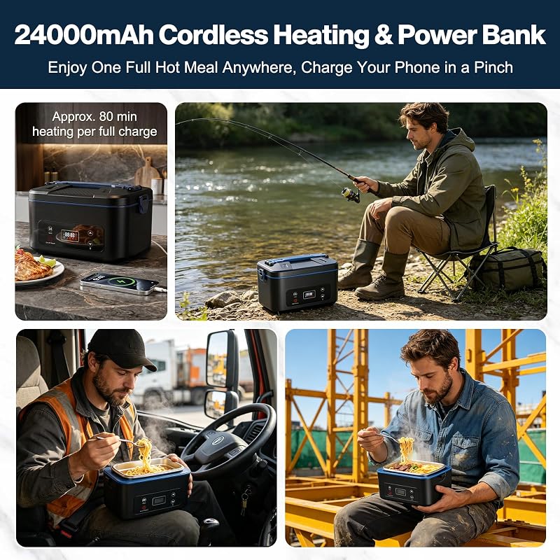 Heated Lunch Box 5.5 Cup Battery Powered Food Warmer with Auto Keep-Warm