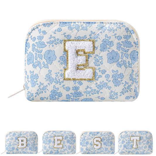 JOVAKIT Conch Alphabet Makeup Bag Cosmetic Bag for Women, Christmas Gifts for Women Girls, Blue Floral Coquette Travel Bag, Zipper Make Up Pouch Organizer Trendy Stuff (Blue Floral E)