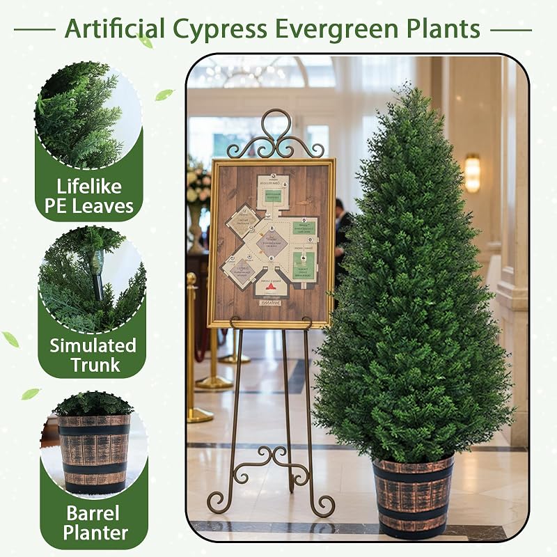 4FT Set of Artificial Cedar Topiary Trees in Barrel Planter – Outdoor/Indoor Faux Pine Shrubs