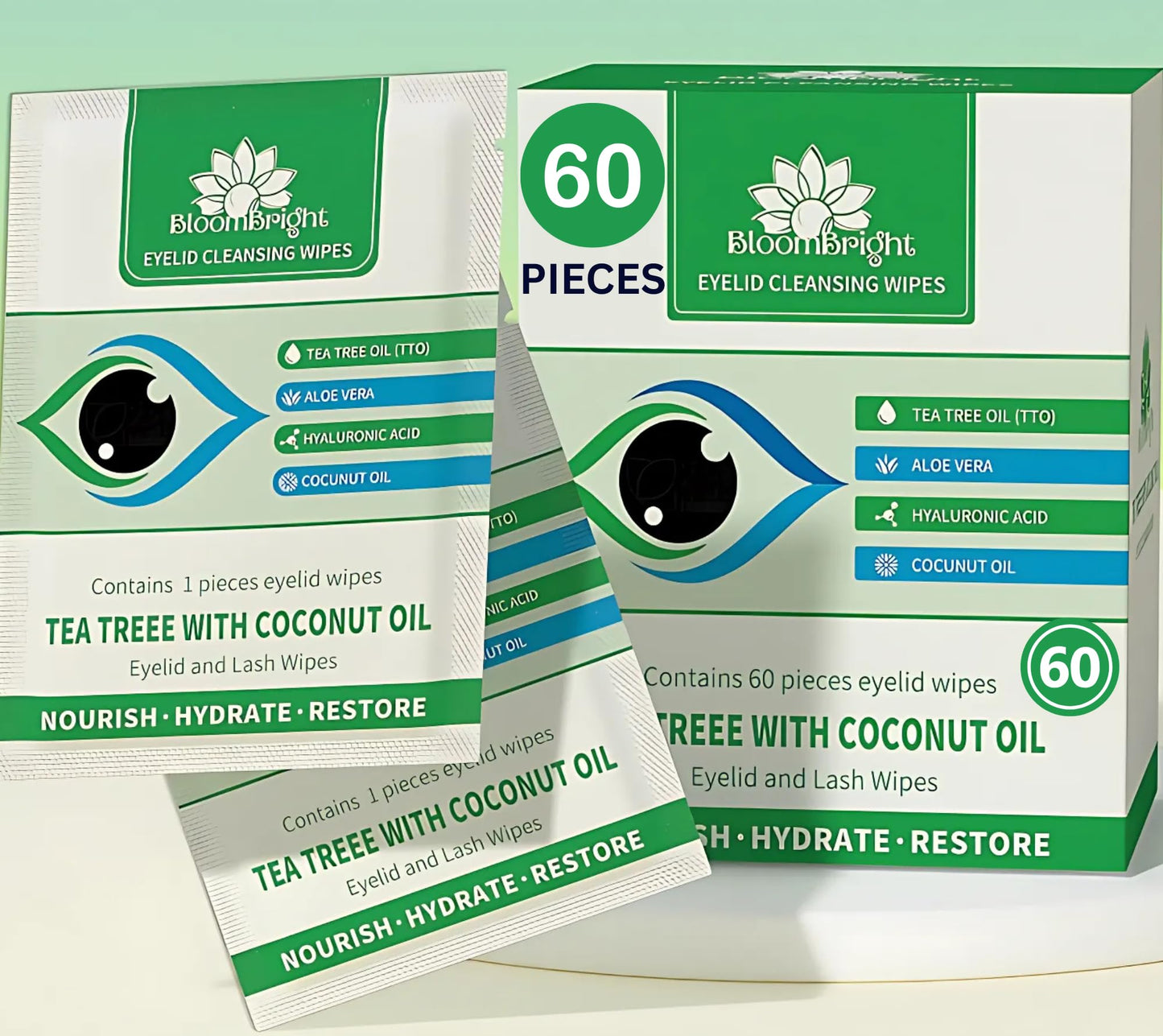 60 Pcs Tea Tree Oil Eyelid Cleansing Lash Wipes with Coconut Hyaluronic Acid Green Tea Chamomile Aloe Vera Itchy Stye Eyes Relief Natural Individually Wrapped Makeup Remover Daily Cleanser