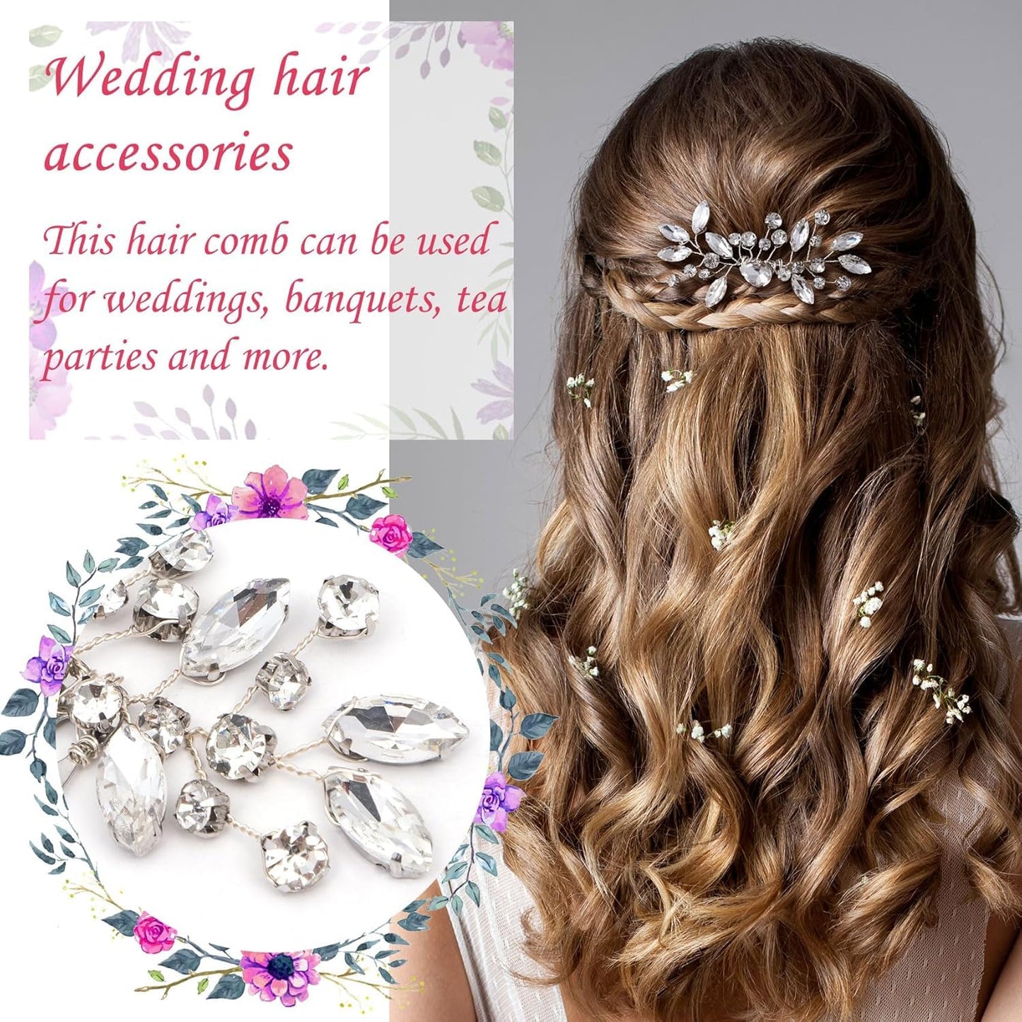 2 Pcs Bridal Hair Comb Rhinestone Hair Comb Silver Flower Bridal Headpieces Hair Combs For Women Accessories Bridal Hair Accessories Fancy Wedding For Bride Bridesmaids Women Girl