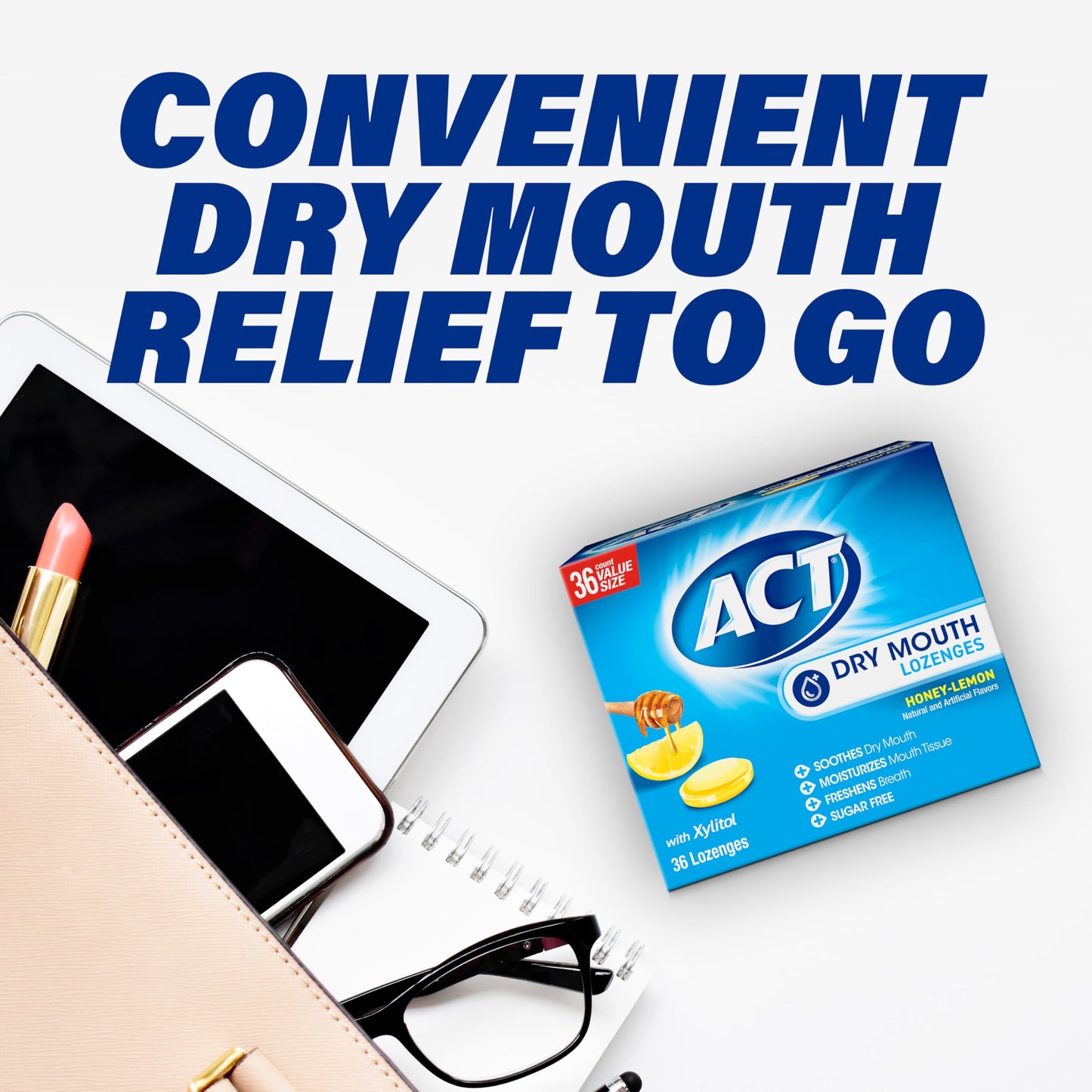 ACT Dry Mouth Lozenges With Xylitol, 36-Count, Sugar Free Honey-Lemon