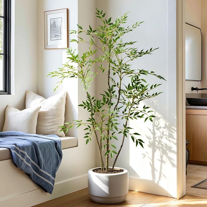 4.6ft Faux Bamboo Tree with 800+ Leaves in Cement Planter – Realistic Indoor Nandina Tree, Non-Toxic, Green Variation Included