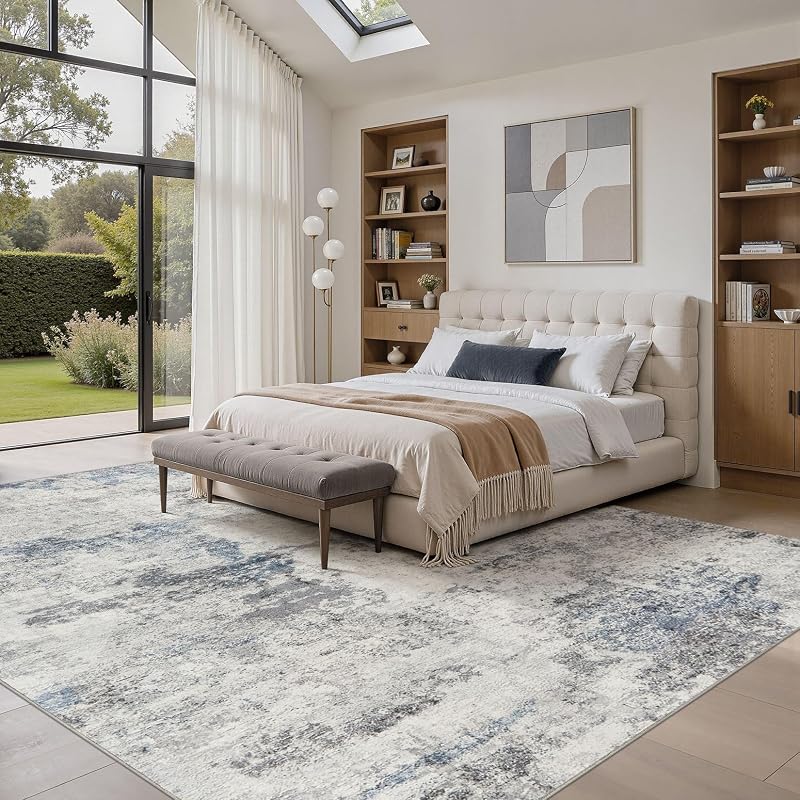 Grey-Blue 9x12 Area Rug - Machine Washable Abstract Living Room Carpet