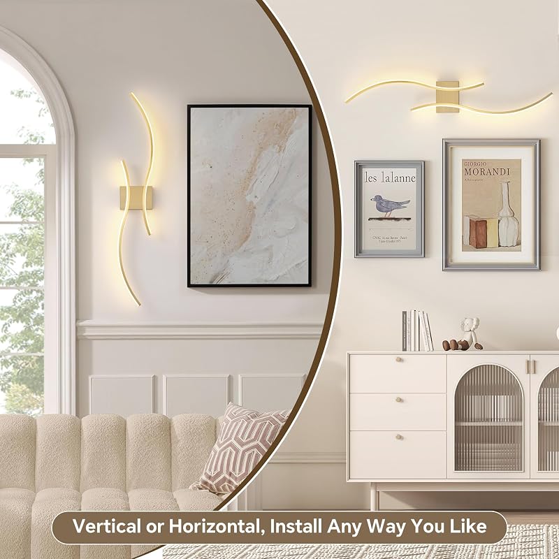 Brushed Brass Wireless Wall Sconces 2-Pack, Dimmable 3CCT, 15–65H Runtime - Arc Style