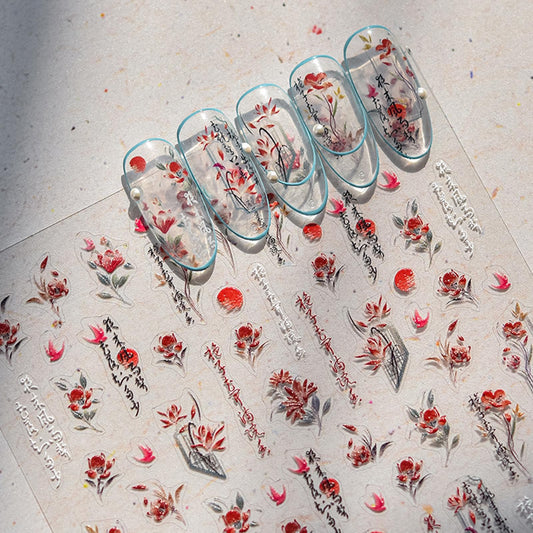 Vintage Red Flower Nail Art Stickers for Acrylic Nails Decoration Green Leaf Nail Decals 5D Embossed Self-Adhesive Nail Design Stickers for Women DIY Spring Nail Art Supplies - 1 Sheet