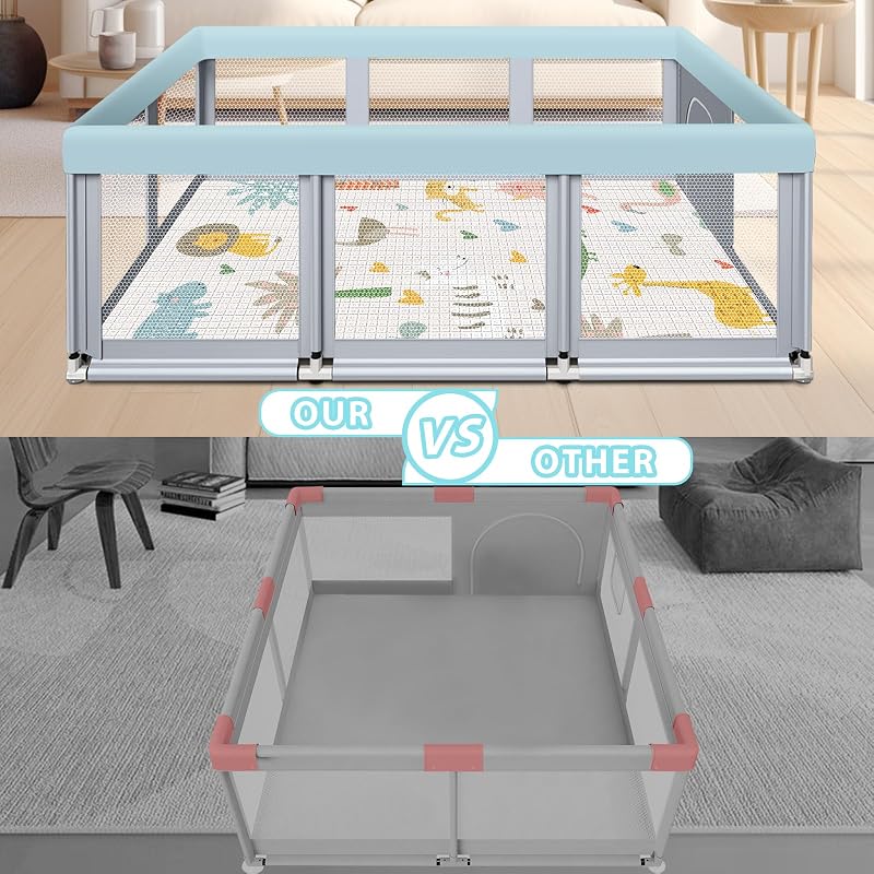 Fshibila 74 x 50 Inch Baby Playpen with Mat, Large Indoor/Outdoor Play Yard, Breathable Mesh Safety Fence, Grey