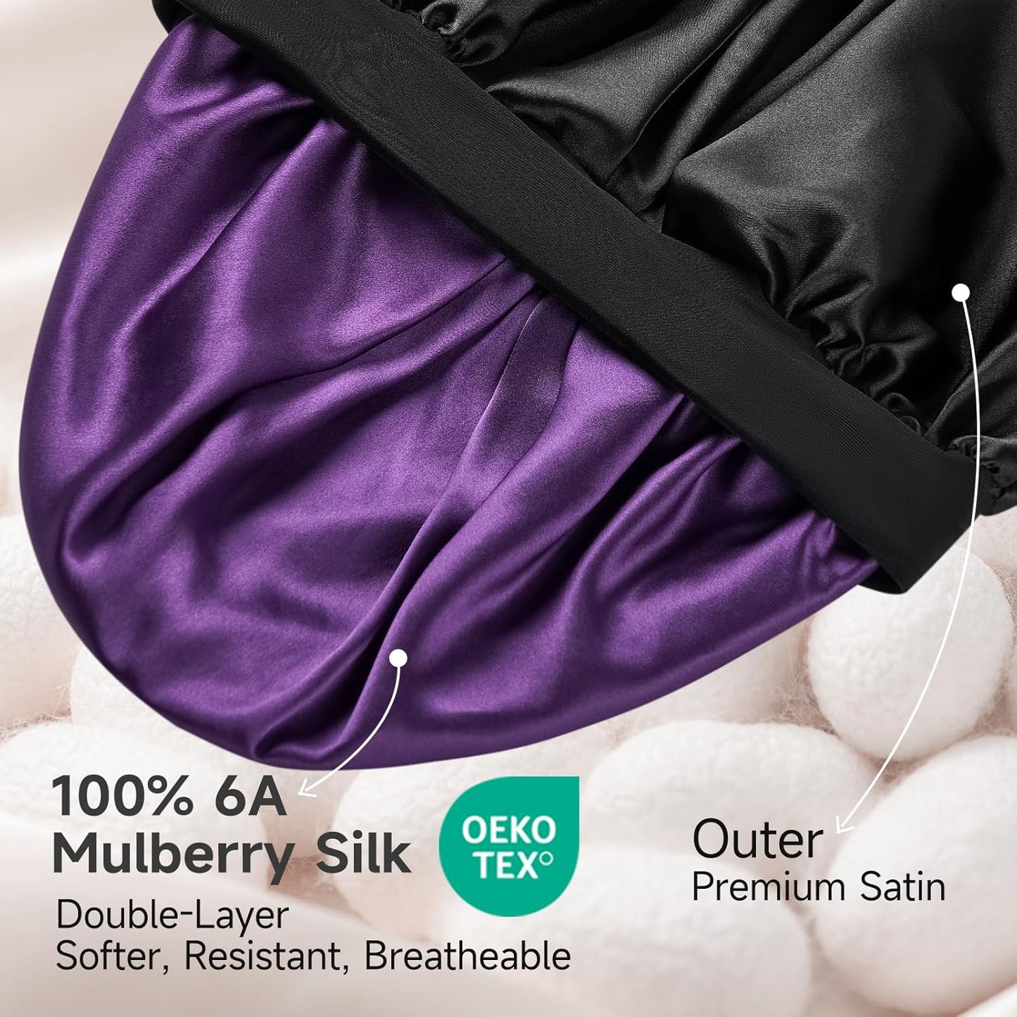 22 Momme Mulberry Silk Bonnet for Women - Double-Sided Non-Slip Sleep Cap for Long Curly Hair, Adjustable Band, Ebony