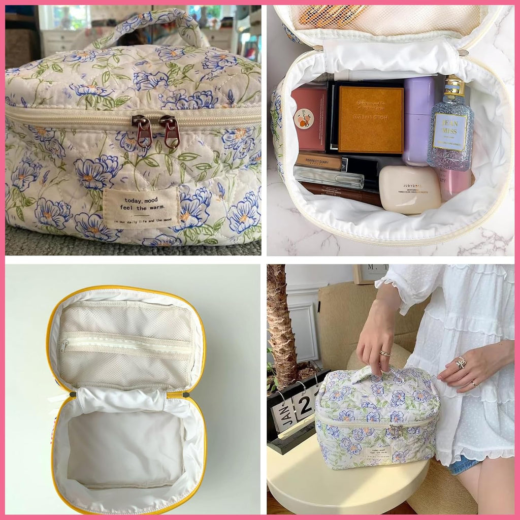 uekeboag Large Travel Quilted Makeup Bag for Women, Floral Cotton Cosmetic Bag, Coquette Aesthetic Floral Toiletry Organizer Bag