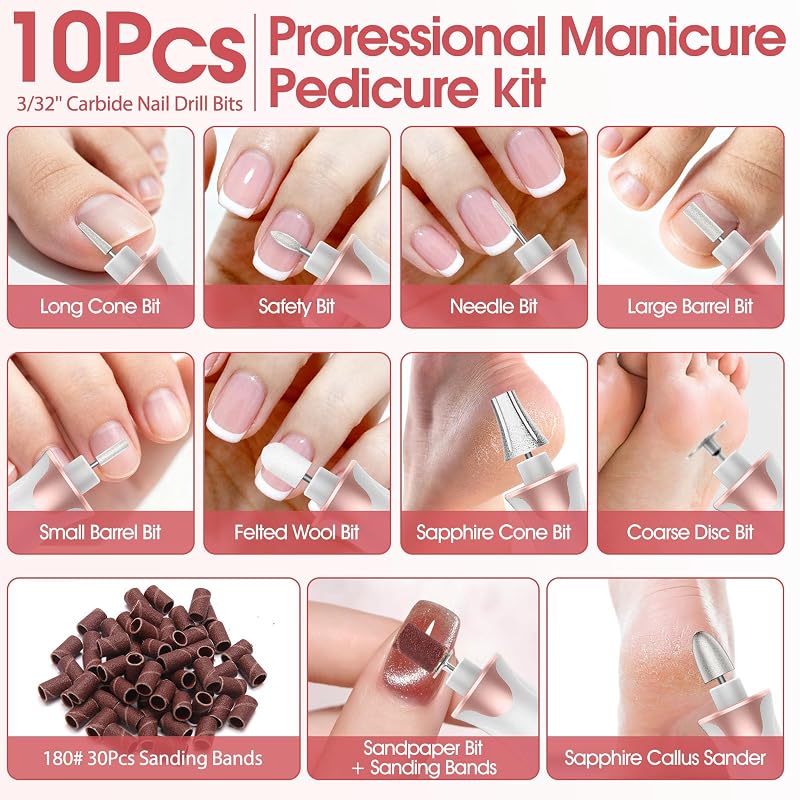 Cordless Electric Nail Drill with 10 Attachments - Manicure & Pedicure Kit, USB-C Rechargeable