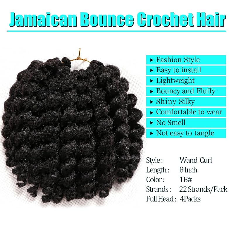Jamaican Bounce 8 Inch Wand Curl Crochet Hair, 4 Packs, 22 Strands/Pack – 1B Variation Kenkenten