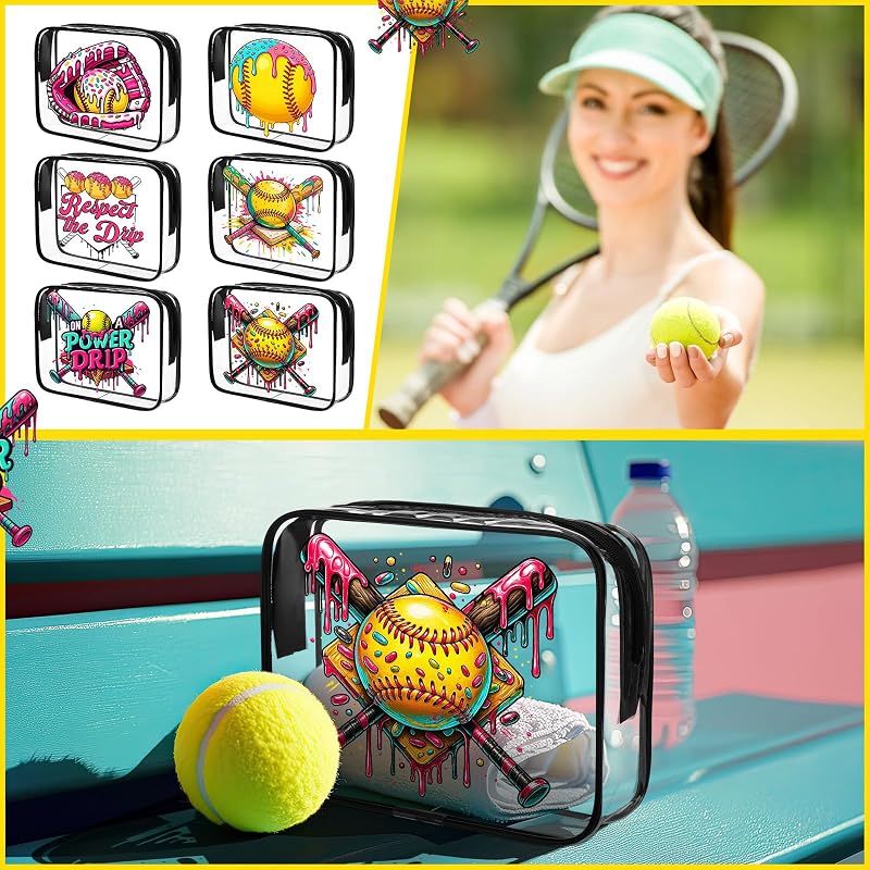 Softball Ice Cream Drip Makeup Bags (12 Pcs) - PVC Clear Cosmetic Bags with Zipper, 7.09 x 5.51 x 1.77 in - Variation: Softball