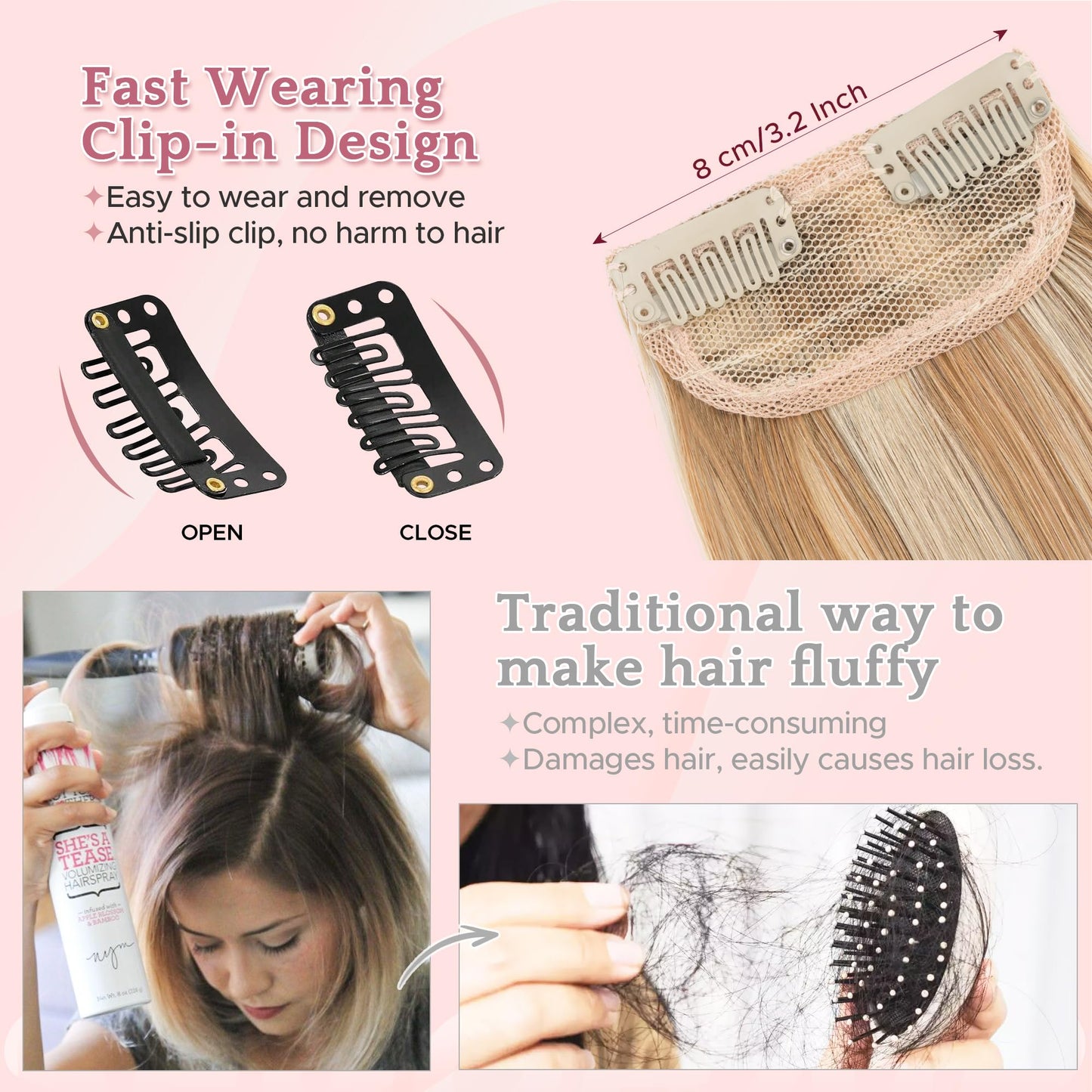 SEGO 4 Pcs Clip in Short Hair Volumizer Extensions Real Human Hair Natural Thick Hairpieces Toppers for Women With Thinning Hair Add Volume -#12P613 Golden Brown&Bleach Blonde