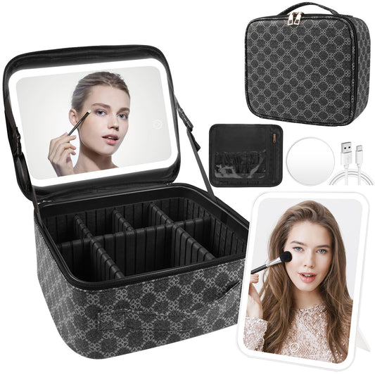 PEEH Makeup Bag with Lighted Mirror, Travel Make up Train Case with Adjustable Brightness Vanity Mirror and Detachable 10x Magnifying Mirror (Grey Clover)