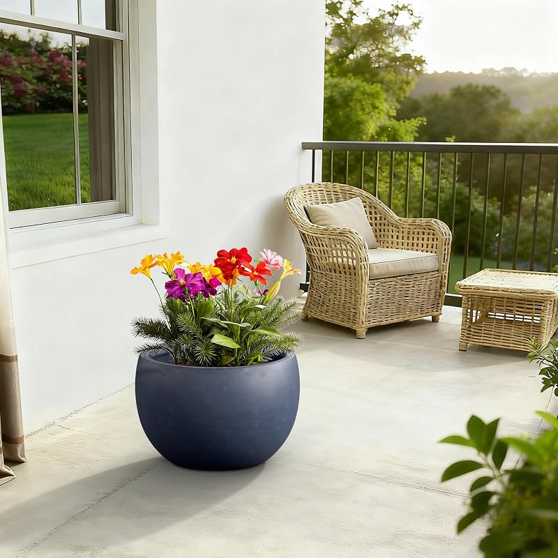 Large Round Charcoal Concrete Planter 19.9" Dia - Outdoor with Drainage Plug