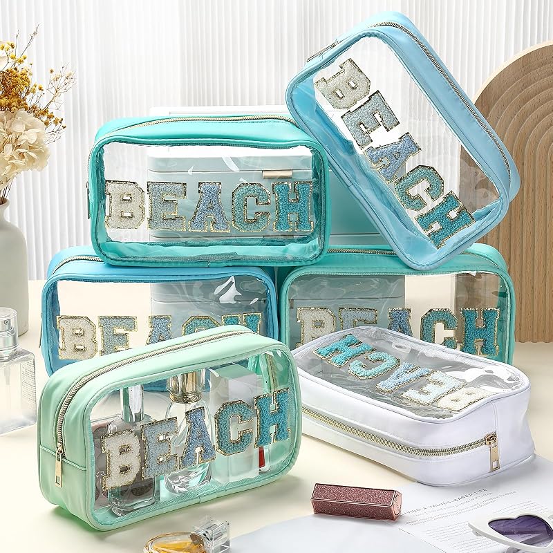 Lake Reflection Beach Clear Makeup Bags Set with Chenille Letter Patches - 6 Pcs Waterproof Toiletry Bags