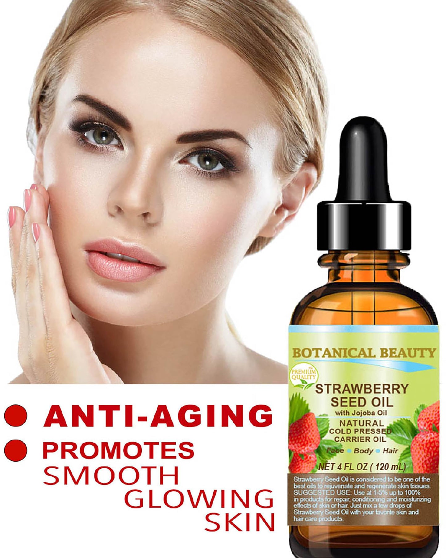 Botanical Beauty STRAWBERRY SEED OIL 100% Pure Natural Moisturizer. Cold Pressed Carrier oil. 1 Fl.oz.- 30 ml. For Face, Skin, Hair, Lip, Nails. Rich in Omega-3, Vitamin C, Vitamin E