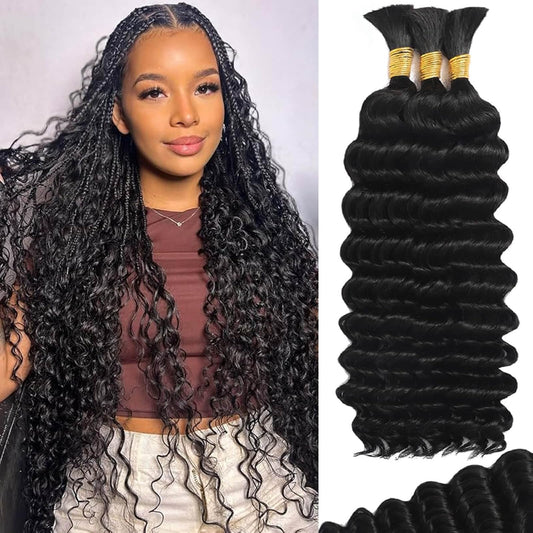 Boho Hair for Braiding 110g 24 Inch Deep Water Wave Boho Braids Human Hair No Weft 12A Brazilian Virgin Curly Bundles Human Hair Extensions 3 Braids/Pack Wet and Wavy Bundles Human Braiding Hair