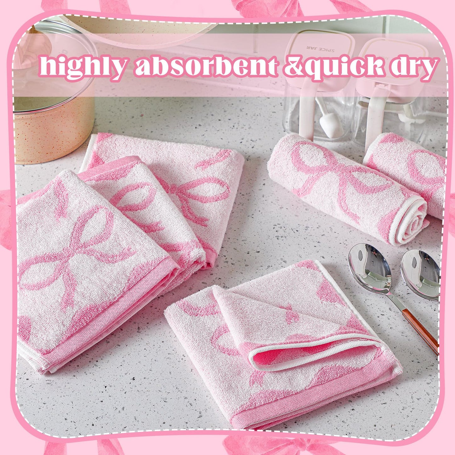 Coume 6 Pcs Pink Bow Washcloths 100% Cotton Wash Cloths 13" x 13" Coquette Small Face Towels Absorbent Soft Preppy Wash Cloths & Hand Bath Towels for Bathroom, Spa, Kitchen Drying Cleaning