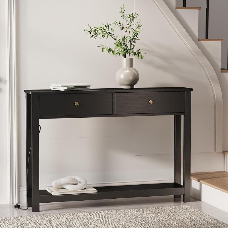Gizoon Black Sofa Table with Outlets & USB Ports - 39" Wide, 2 Drawers