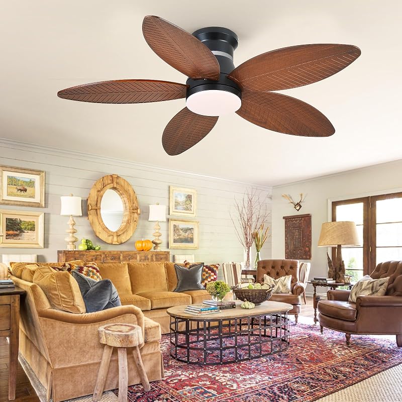 Brown Palm Leaf 46in Ceiling Fan with Lights, RGB Side Light, 6-Speed DC Motor, Remote & 3CCT Dimmable LED, Quiet Flush Mount - Variation: Brown-Palm Leaf+46in