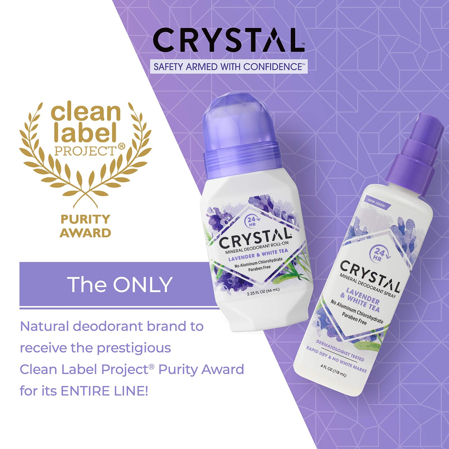 CRYSTAL Deodorant Aluminum Free Mineral Deodorant Roll-On for Women & Men, Lavender & White Tea - Paraben Free - Certified Cruelty Free & Vegan Deodorant - Prevents Odor Up to 24 Hours ,2.25 Fl Oz (Pack of 3),21661-3