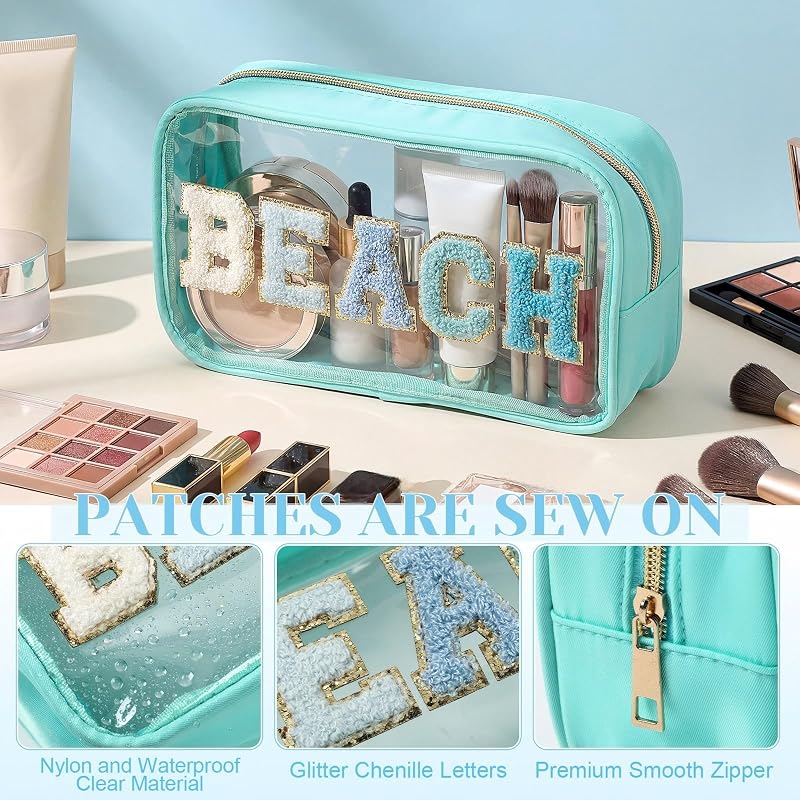 Lake Reflection Beach Clear Makeup Bags Set with Chenille Letter Patches - 6 Pcs Waterproof Toiletry Bags