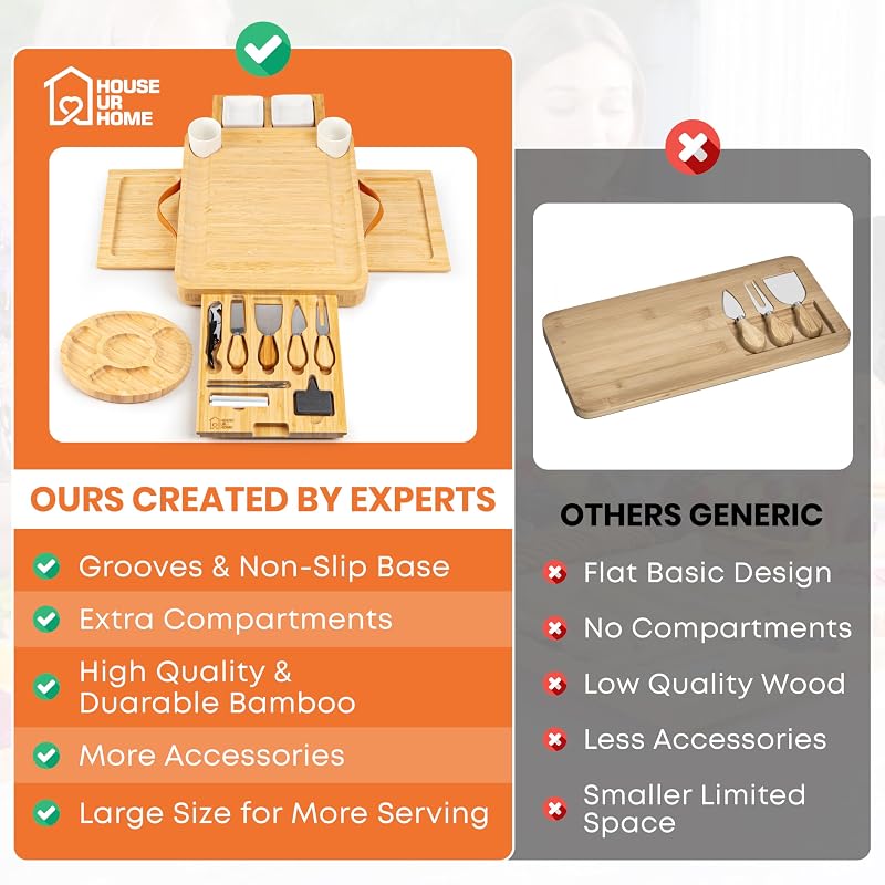 Bamboo Charcuterie Board Gift Set with Hidden Drawers, Knives & Bowls – Large Cheese Board for Entertaining
