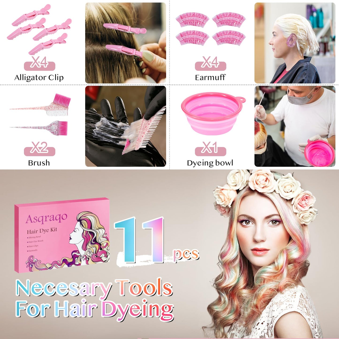 Asqraqo 11pcs Hair Coloring Kit - Professional Salon Tools for DIY Mixing, Includes Clips, Bowl, Dye Brush, Earmuffs - Perfect for Bleaching and Dye