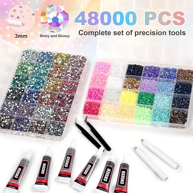 Multicolor 48 Color 48000 PCS Resin Rhinestones Nail Art Kit - Flatback Bedazzling Gems