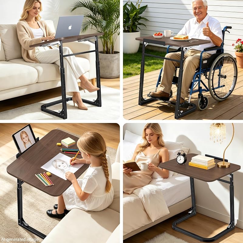Walnut Wood Laptop Tray Table with Adjustable Height & Tilt, Foldable End Sofa Desk—Variation Walnut Wood+Flat
