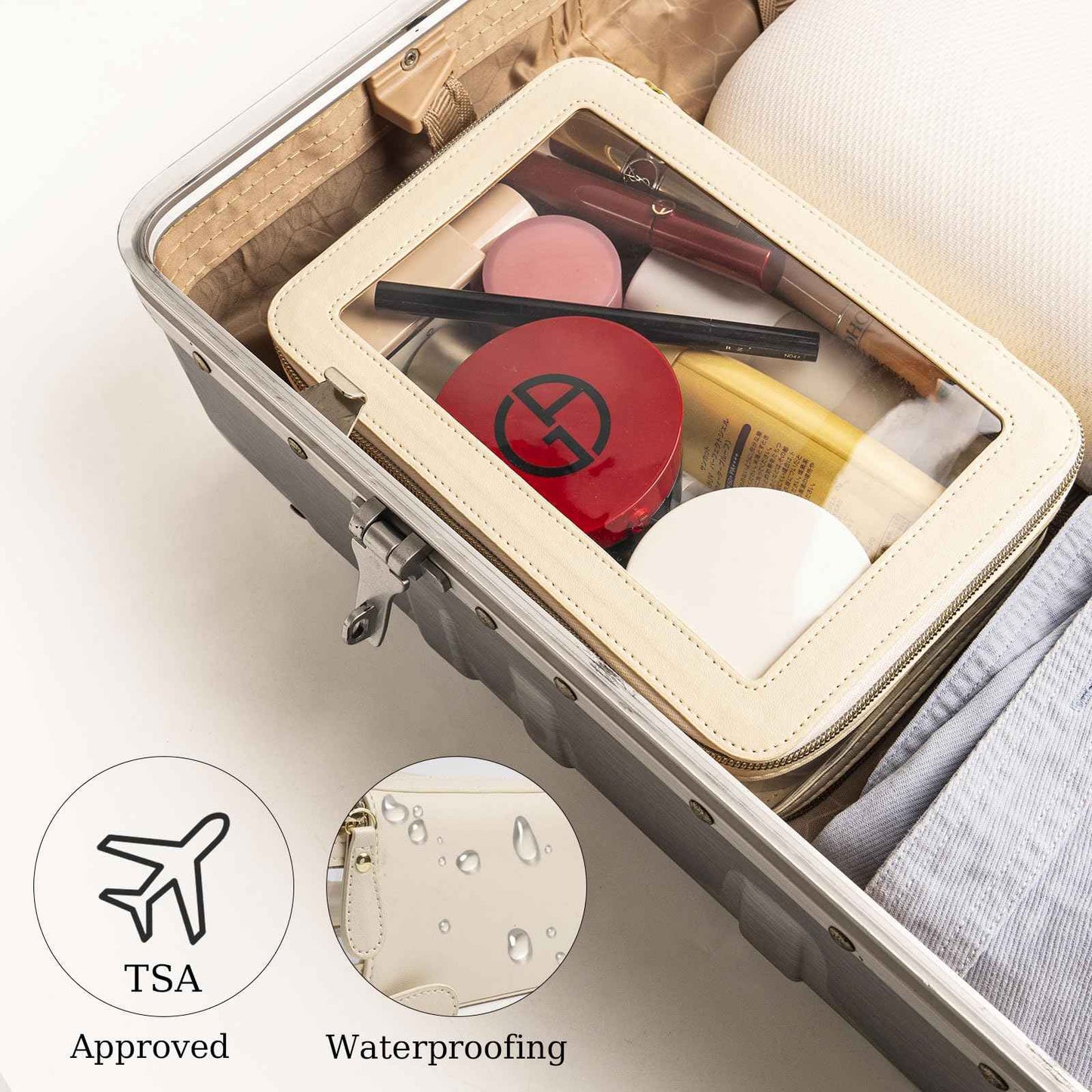 DIYOOHOMY Clear Makeup Bag Double Layer Two Sided With Zipper White Cosmetic Small Make Up Case Compartments Brush Travel Leather Toiletry Women Organizer Transparent Waterproof Pouch