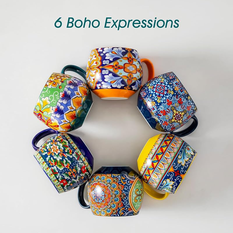 18oz Set of 6 Ceramic Coffee Mugs - Colorful Bohemian SIMI Dinnerware