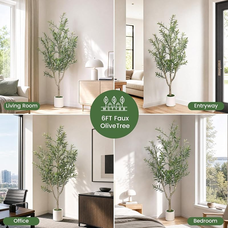 MCTYBB 6ft Olive Trees Artificial Indoor with White Planter - Triple-Trunk
