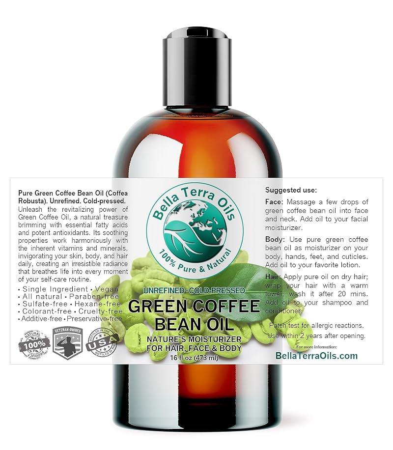 Green Coffee Bean Oil 16 oz Cold-Pressed Skin Oil for Face, Body & Hair - Pure Cosmetic Grade