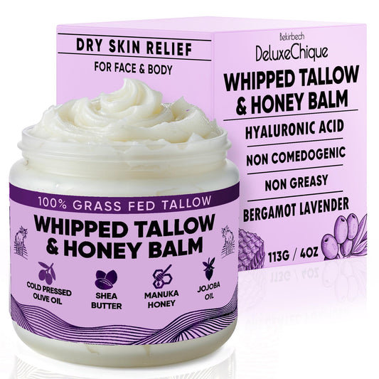 Bekirbech DeluxeChique Whipped Beef Tallow Cream – Grass-Fed Tallow Moisturizer with Hyaluronic Acid, Manuka Honey & Aloe – Lavender & Sandalwood Balm for Dry, Sensitive Skin – 4oz