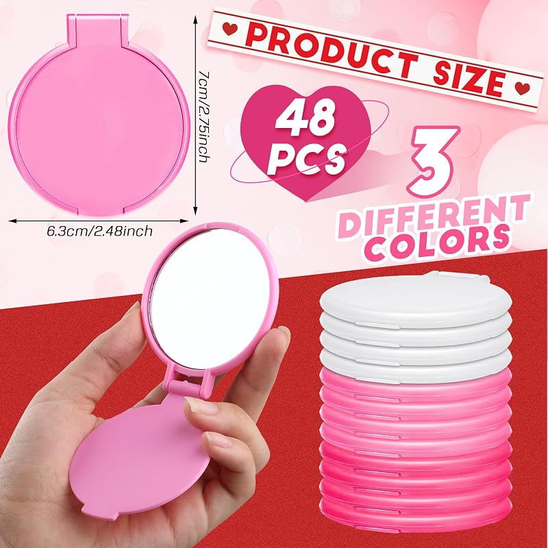 48 Pack Compact Mirrors Bulk – Mini Round Folding Pocket Mirrors, Pink White, Variation: White, Pink, Rose Red