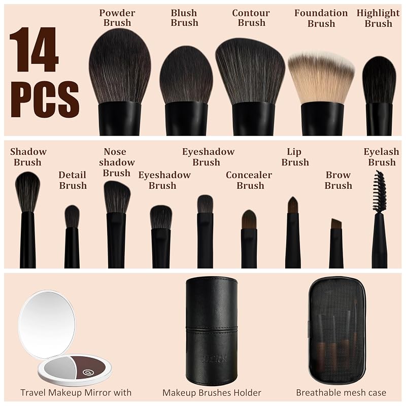 Jilier 14-Piece Mini Makeup Brush Set & LED Travel Mirror – Brown Variation