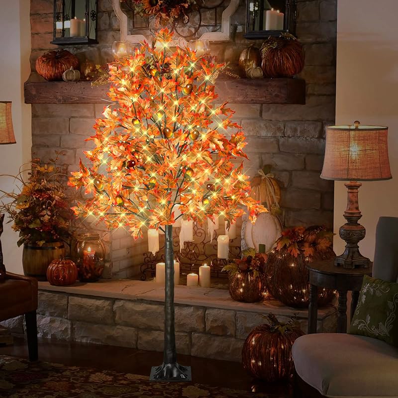 6FT 130 LED Lighted Maple Tree with 13 Branches, 260 Leaves, 13 Acorns - Remote, 8 Modes, Timer, Outdoor Autumn Decor (Variation: 6ft-130led-1pack)