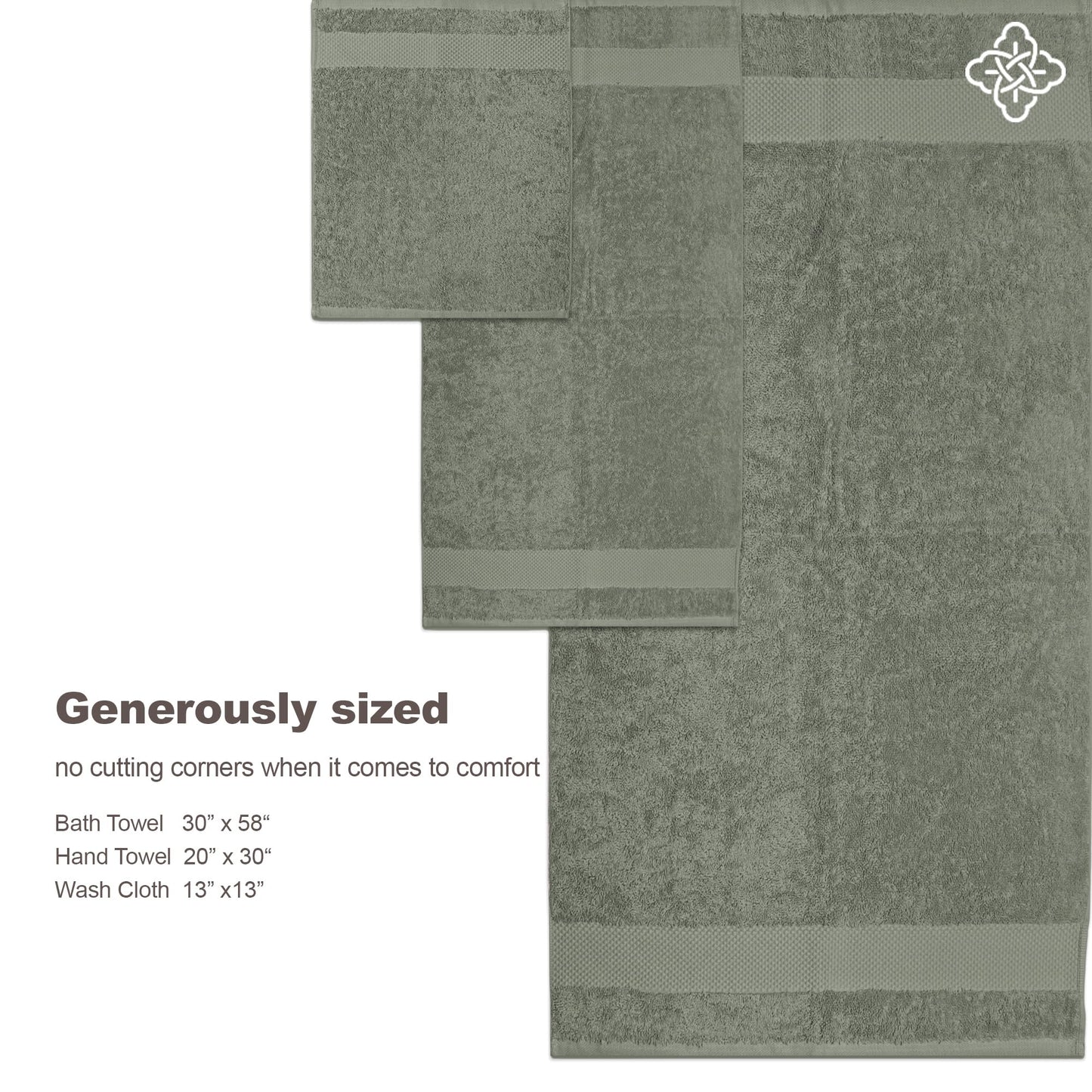 BIOWEAVES 100% Organic Cotton 6-Piece Luxury Bathroom Towels Set GOTS Certified 700 GSM, 2 Bath Towels, 2 Hand Towels & 2 Wash Cloths - Sage