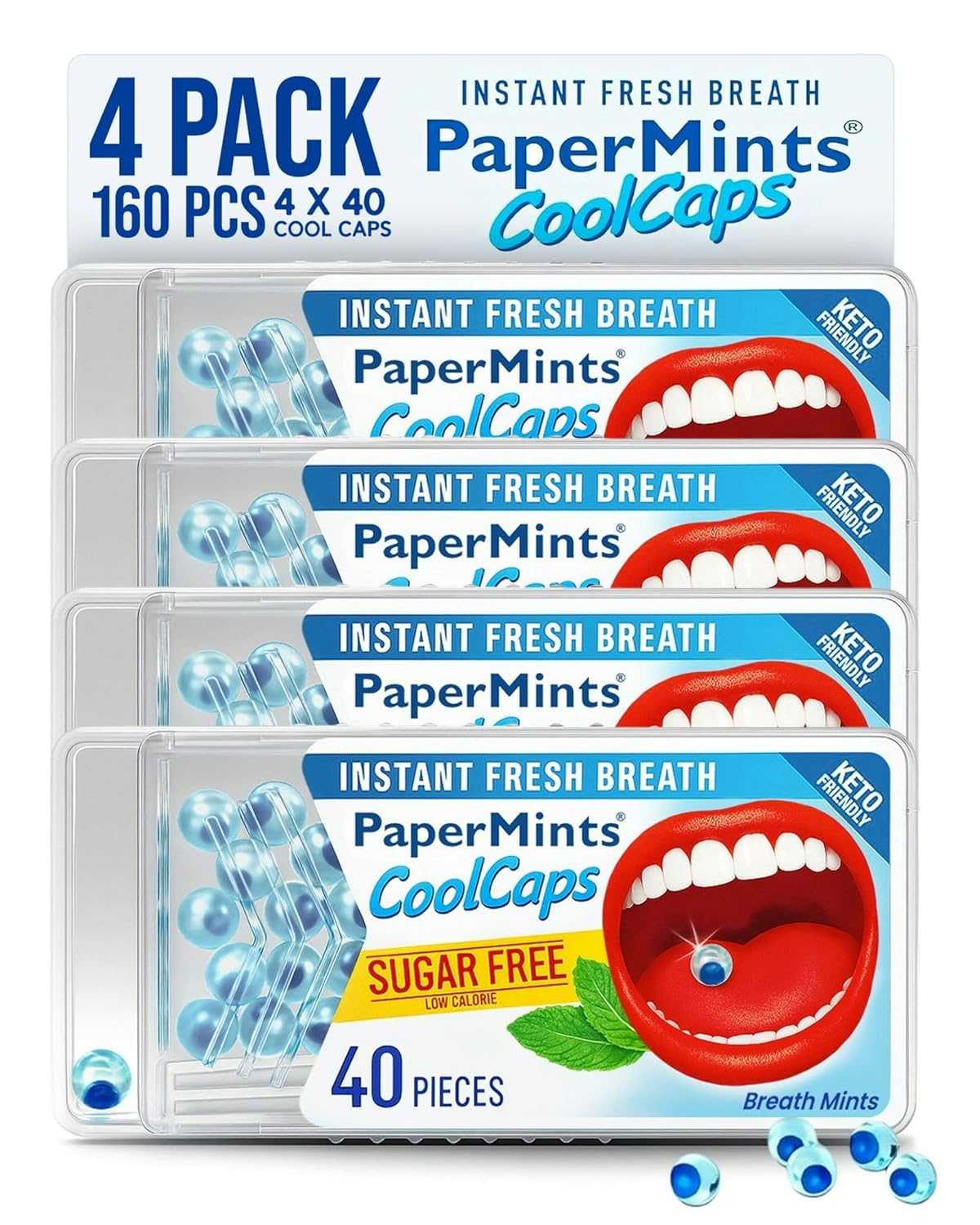 PaperMints CoolCaps - Sugar-Free Instant Fresh Breath Mints, 4 Pack (160 Capsules) for Halitosis & Dry Mouth Relief