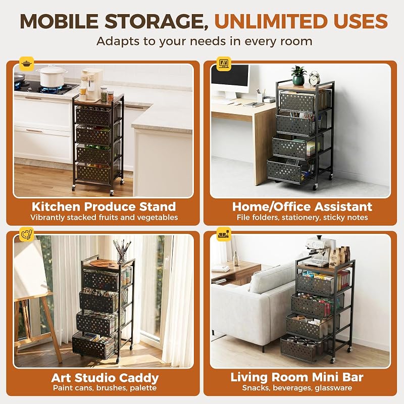 5-Tier Kitchen Storage Cart with Wheels, Wood Top & 4 Drawers – Black