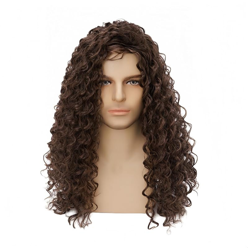 Mens Long Brown Curly Wig - Heat-Resistant Synthetic Cosplay Hair, Miradin Variation Brown-3