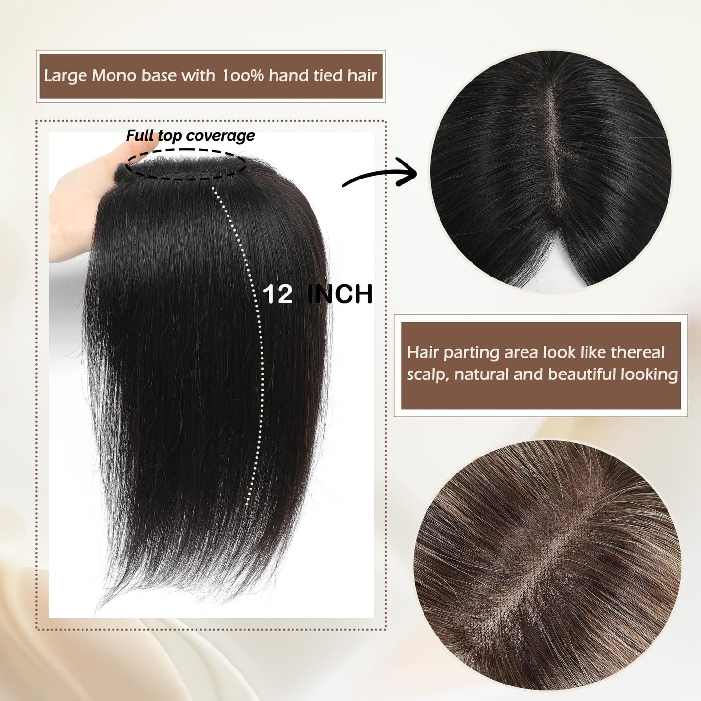 lagomance Hair Toppers for Women Real Human Toppers for Women with Thinning Hair 100% Real Human Hairpieces 12 inch Mono Base Hairpieces for Thinninghair（Natural Black）