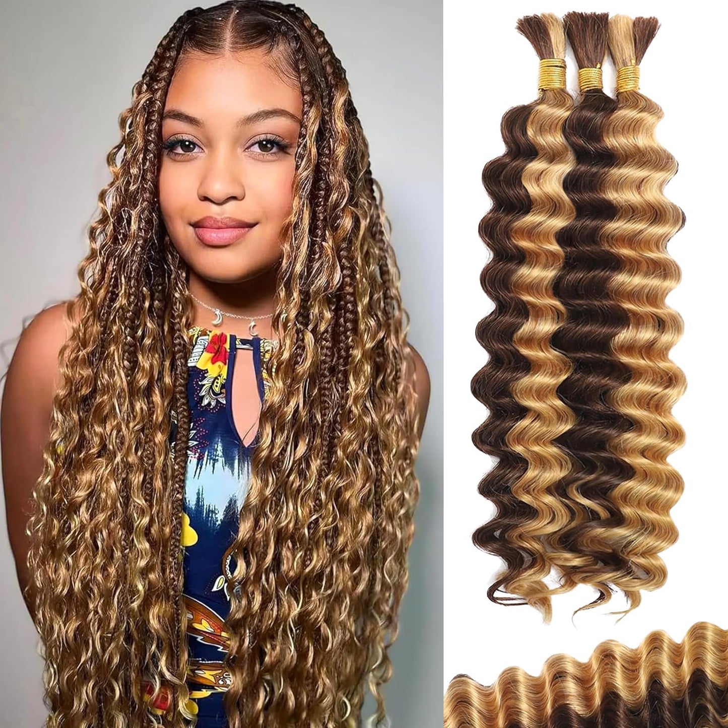 Bizvus Human Braiding Hair for Boho Braids 110g Deep Wave Boho Bulk Human Hair for Braiding Knotless 12A Wet and Wavy Bulk Bohemian Curly 3 Bundles/Pack #4/27 Ombre Balayage Color 16inch