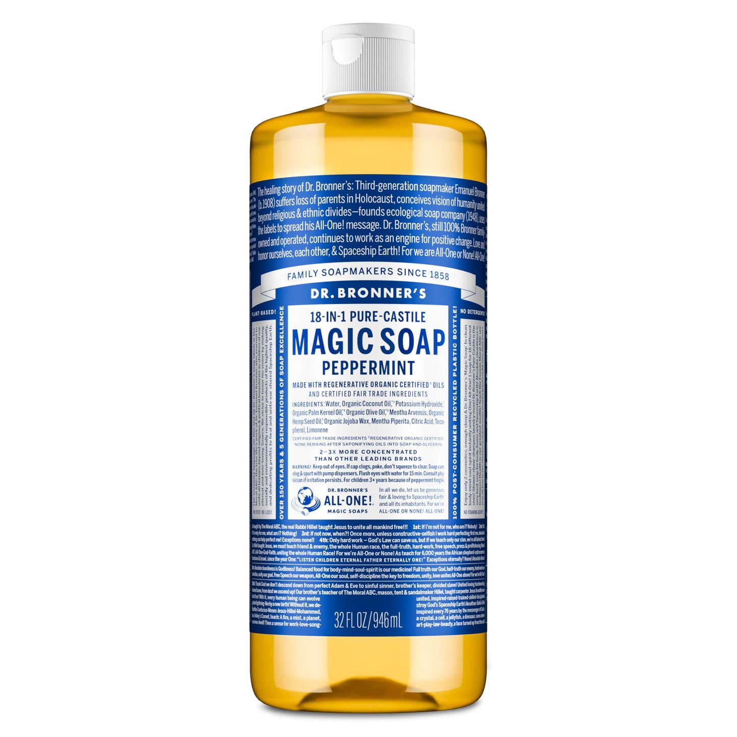 Dr. Bronner's Pure-Castile Magic Liquid Soap - Made with Regenerative Organic Certified Oils- 18-in-1 Uses for Face, Body, Hand, Hair, Laundry & More- Vegan, Non-GMO- Body Wash- Peppermint,32oz
