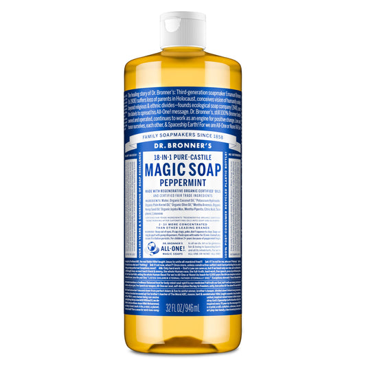 Dr. Bronner's Pure-Castile Magic Liquid Soap - Made with Regenerative Organic Certified Oils- 18-in-1 Uses for Face, Body, Hand, Hair, Laundry & More- Vegan, Non-GMO- Body Wash- Peppermint,32oz