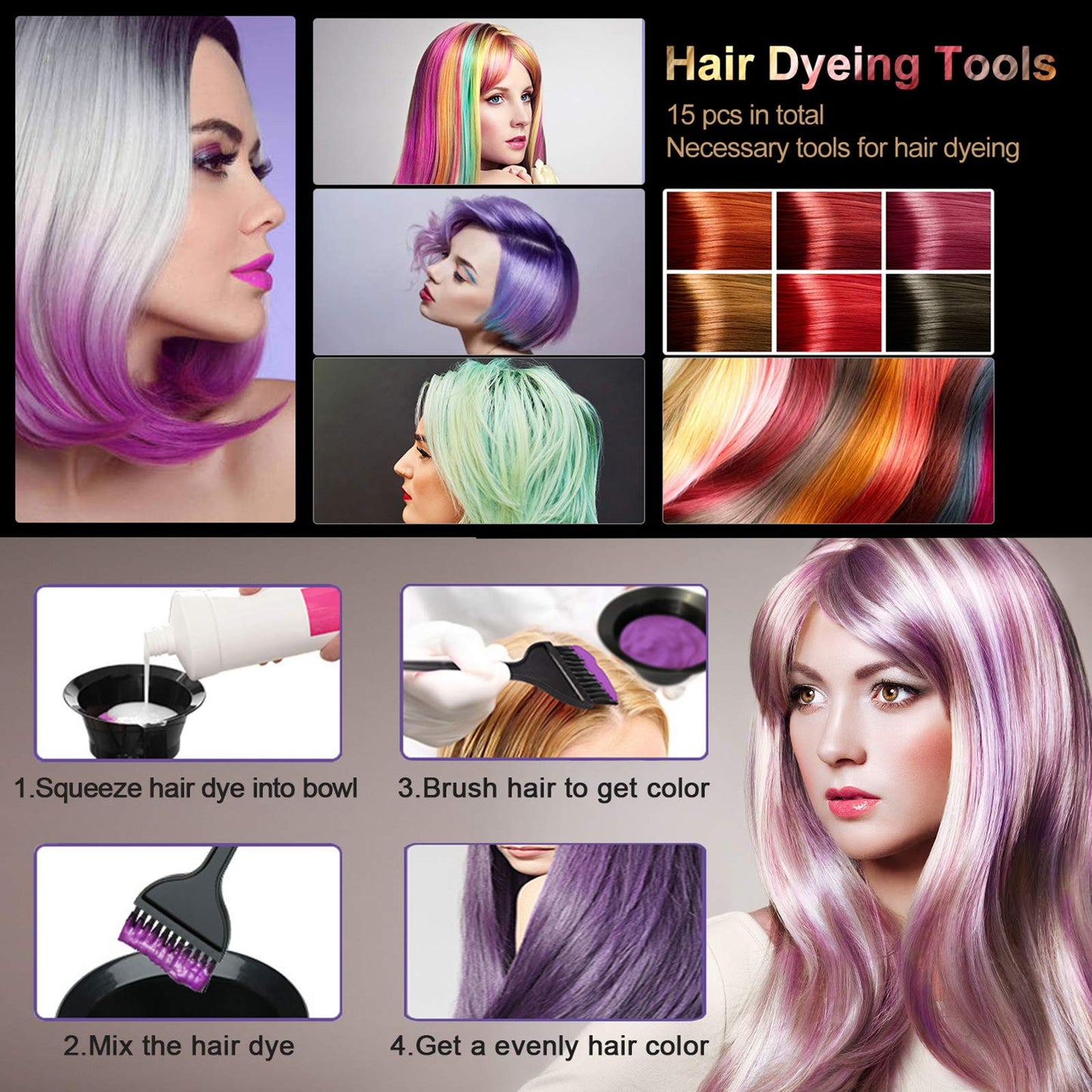 CREATESTAR 15 Pcs Hair Dye Coloring Kit, DIY Salon Tool - Hair Dyeing Bleaching Kit With Bowl, Brush, Spoon, Ear Cover, Gloves, Comb (Black)