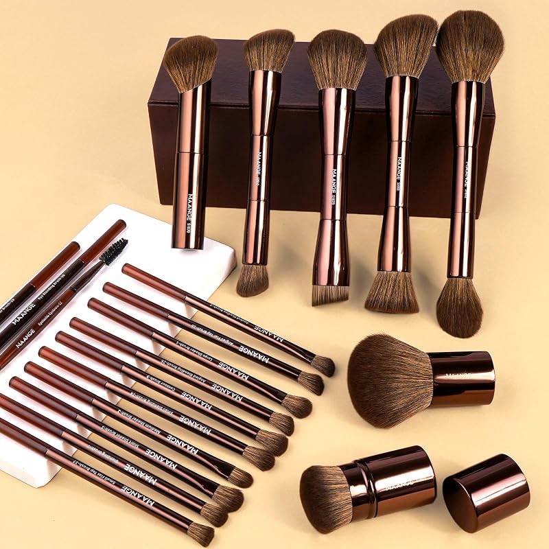 Dark Brown 20 Pcs Makeup Brush Set with Gift Box – Double-Ended Face & Eye Tools